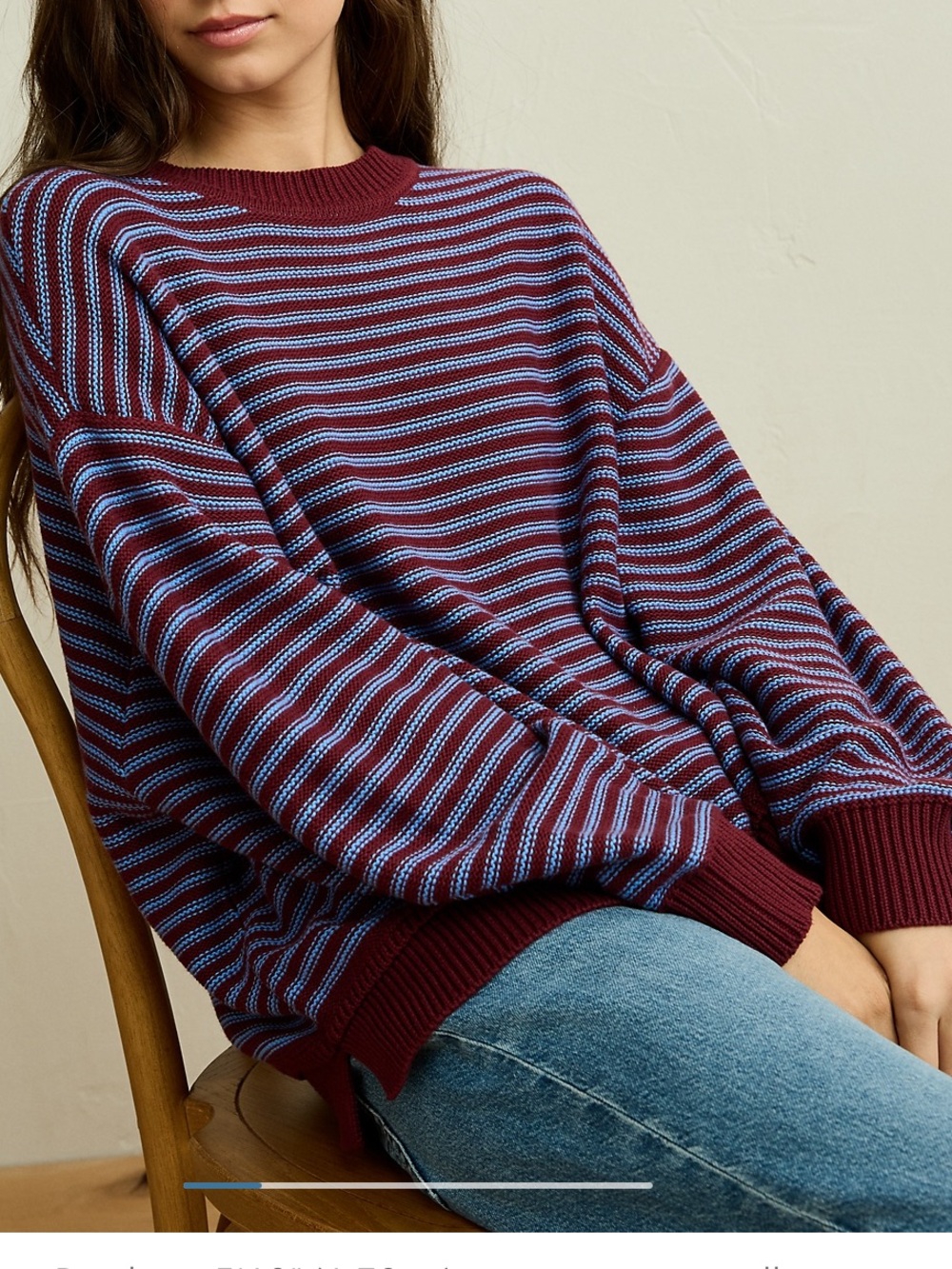 American Eagle Oversized Striped Crewneck Sweater — Burgundy & Light Blue